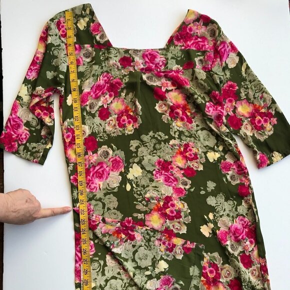 DKNY Long Colorful Tunic olive green/pink/yellow floral 3/4 sleeve square neck 6 - Picture 12 of 16
